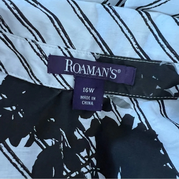 Roamans Button Up Shirt 16W Black White Gray Floral Striped Grommet Accents Top - Picture 6 of 6